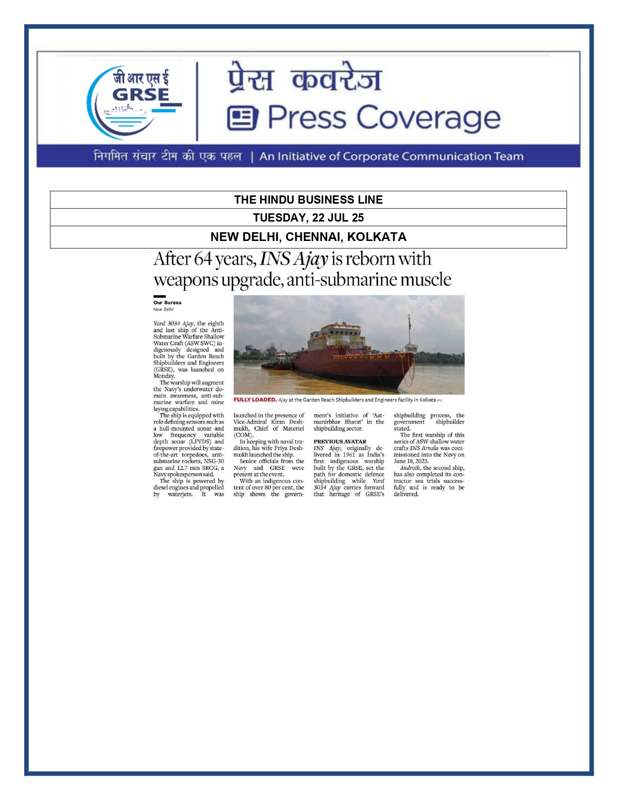 Press Coverage :  Anti-submarine Warfare Ship,Ajay,Launched in Kolkata